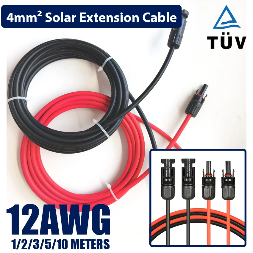 12AWG Solar Extension Cable with Connector 1 Pair Red and Black Double Ends 10 Meters 4mm2 Solar Panel Cable Photovoltaic Wire