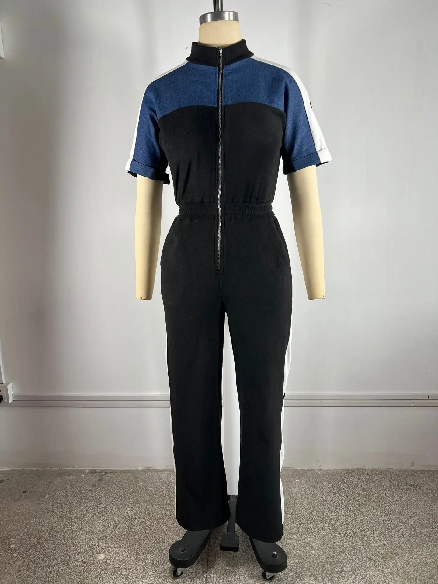 Vrouwen Rits Korte Mouw Wijde Pijpen Jumpsuits Zomer Denim Patchwork Straat Vakantie OL Night Party Eendelig Pak Romper