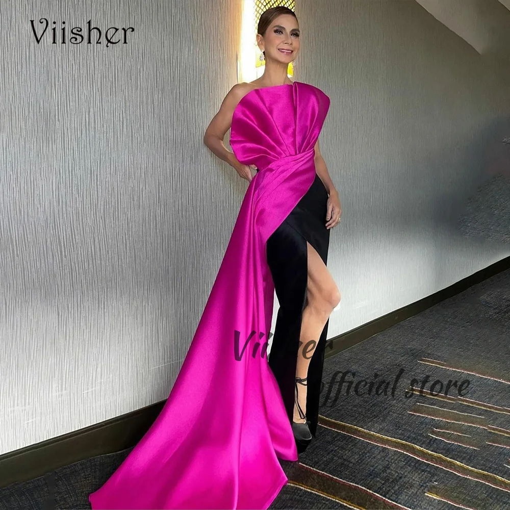 

Viisher Black Purple Mermaid Evening Dresses Pleats Satin Strapless Prom Party Dress with Slit Arabic Dubai Formal Gowns