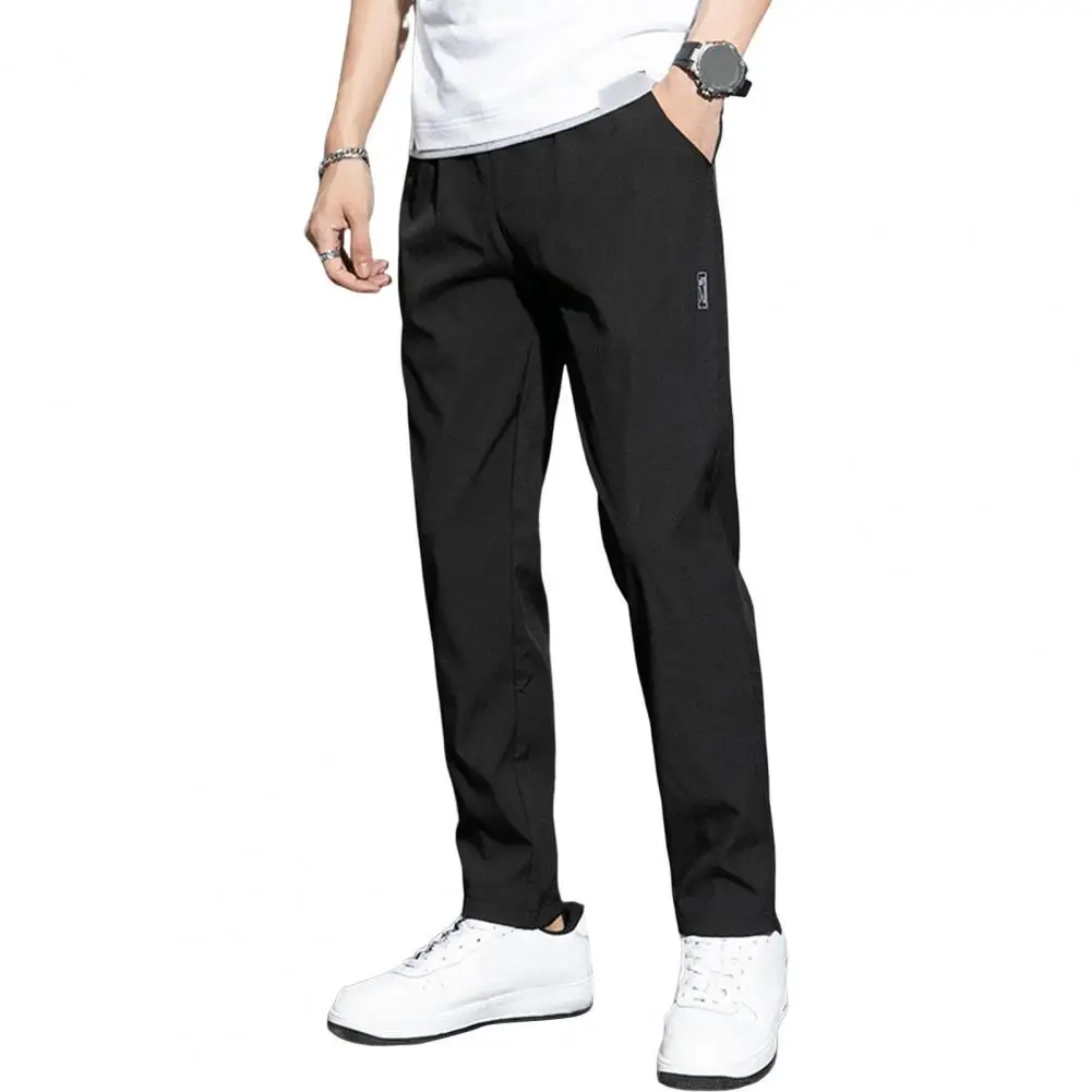 

Men Pants Straigtht Thin Mid Waist Stretchy Quick Dry Loose Pockets Long Trousers