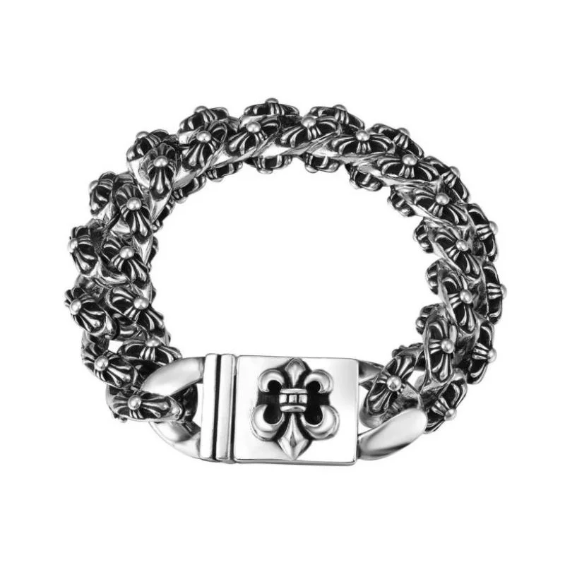 

Серебряный плетеный браслет-цепочка Fleur-de-lis с полной гравировкой: готические роскошные эффектные украшения