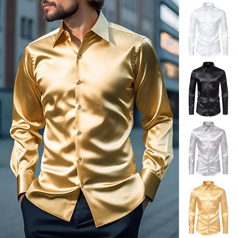 Silk Satin Men Shirt Men's Long-sleeved Business Casual Shirt Solid Color Lapel Button Down Business Shirts Stylish Formal Shirt