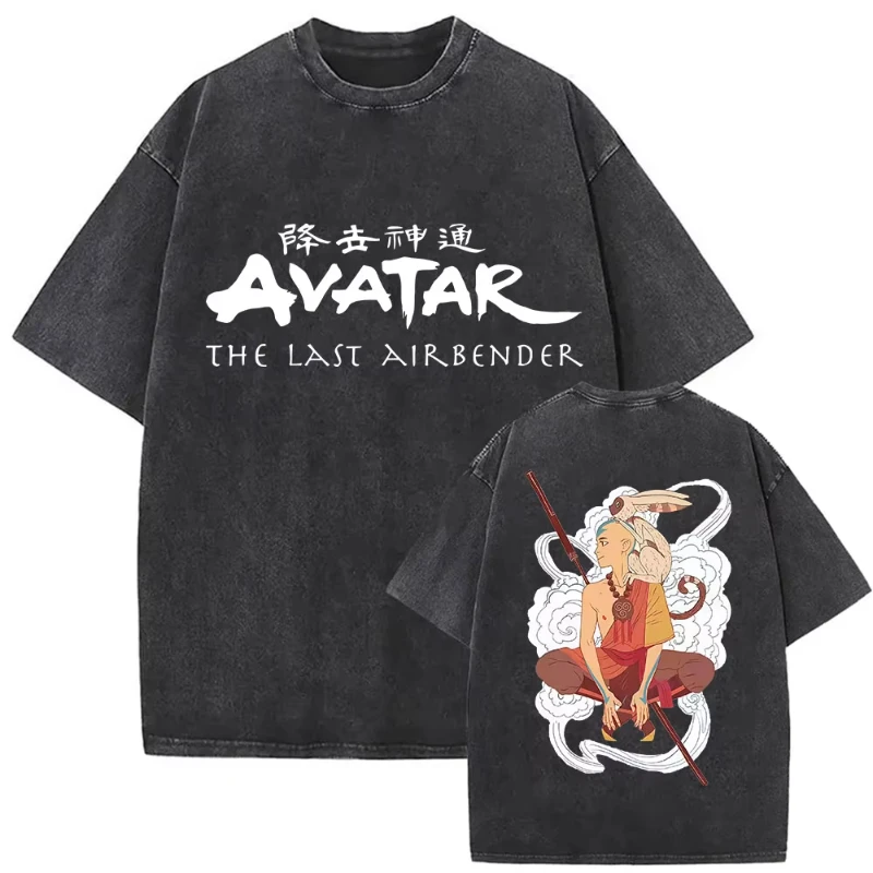 تي شيرت كلاسيكي مغسول الصورة الرمزية آخر Airbender جرافيك طباعة تي شيرت الرجال النساء جودة عالية Harajuku الصيف 100% القطن قمم تي شيرت