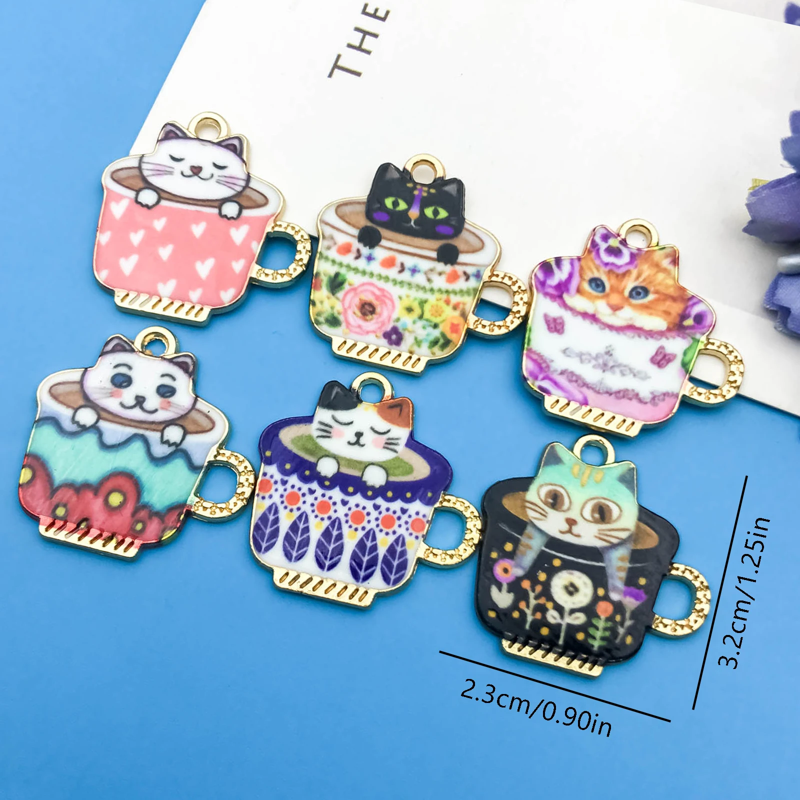 6pcs/SetAlloy Metal Enamel Dripping Oil Tea Cup Cat Pattern Charms Pendant Handmade DIY Earrings Necklace Bracelet