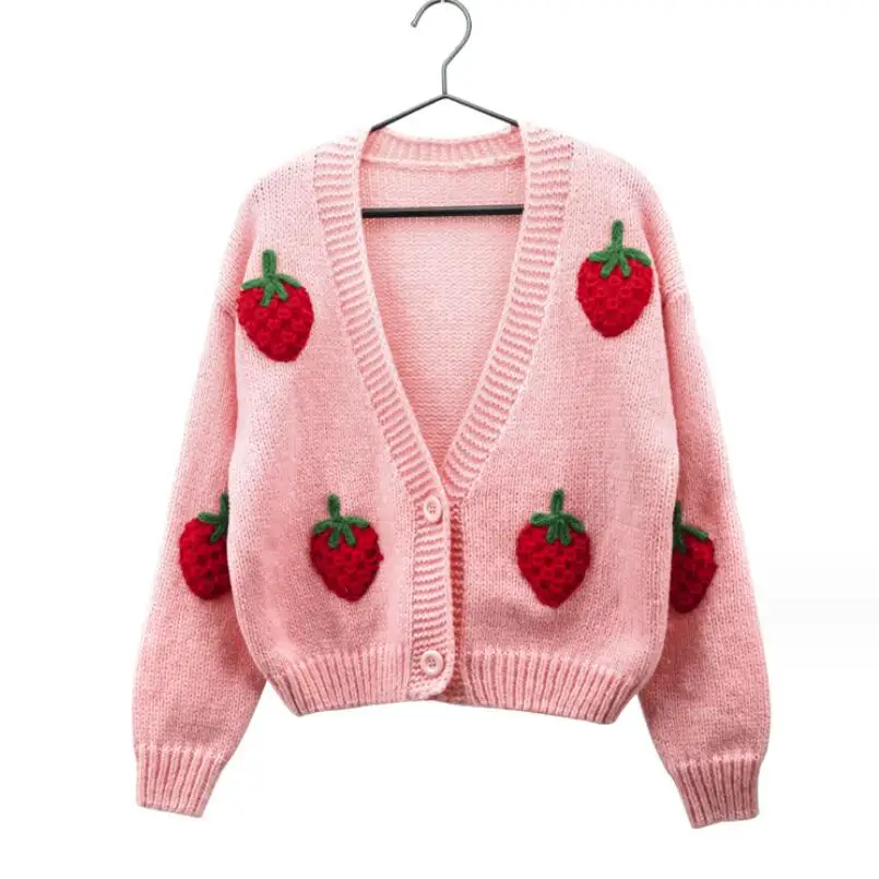 

Women Fashion V-Neck Single Breasted Sweater Outerwear Female Sweet Kawaii Strawberry embroidery Cardigans Coat p1153