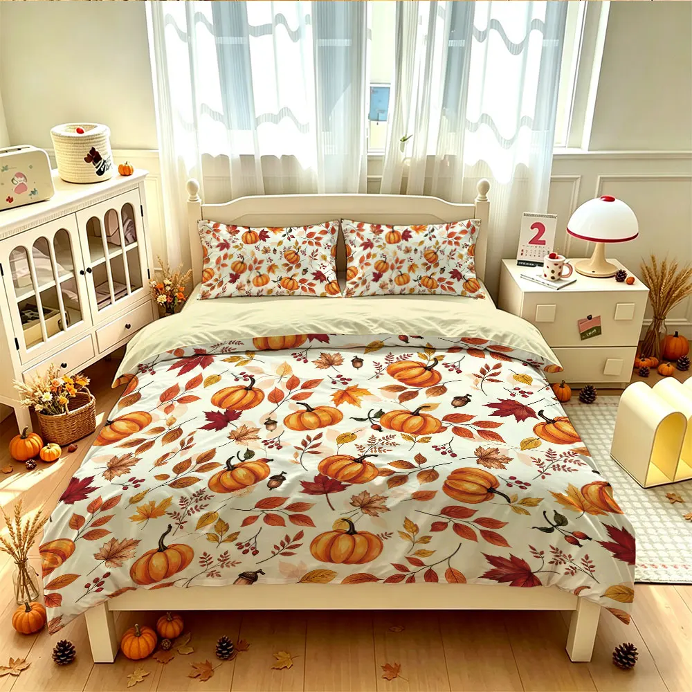 3PCS Autumn Pumpkin Maple Leaf Duvet Cover Set Soft Comfortable No Filling 1 Duvet Cover 2 Pillowcases Bedroom Festival Decor