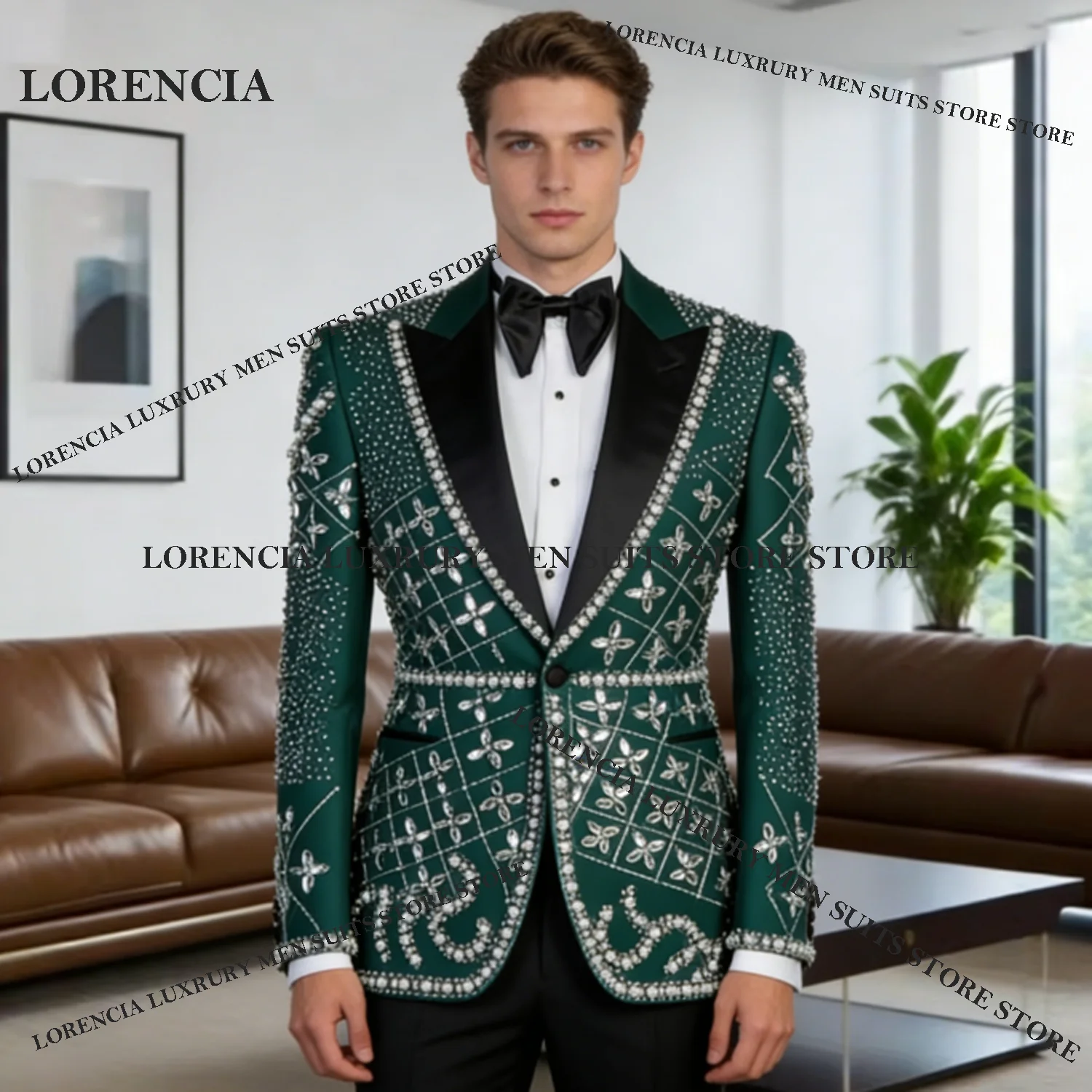 

Fashion Rhinestones Gem Men Wedding Formal Suits 2 Pieces Sets Customized Groom Male Party Blazers Slim Fit Tuxedos Ropa hombre
