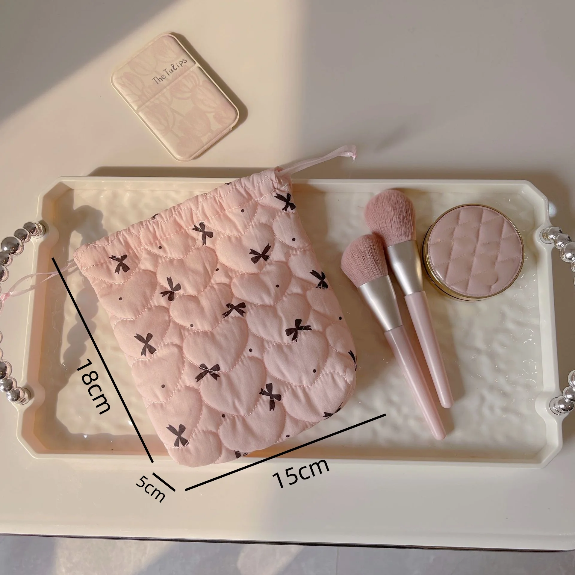 حقيبة مكياج برباط على شكل فيونكة وردية، حقيبة تخزين قائمة للكاميرا CCD، حقيبة يد ناعمة مضادة للسقوط، حقيبة أدوات الزينة المحمولة للسفر #3