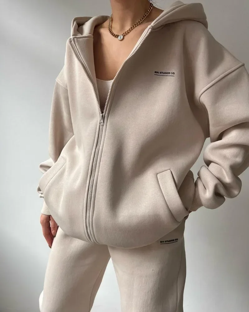 Spring Autumn Women Fashion Tracksuit Solid Color Sportswear 2 Pieces Hooded Sweatshirt Sets Oversized Pullover Shirts And Pants