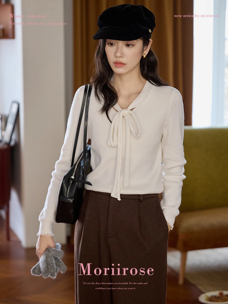 

Moriirose Women's White V-Ne Ruffle Tie-Knot Knitted Sweater Winter Lazy Sle Commute Top French Sle Soft Acrylic Blend