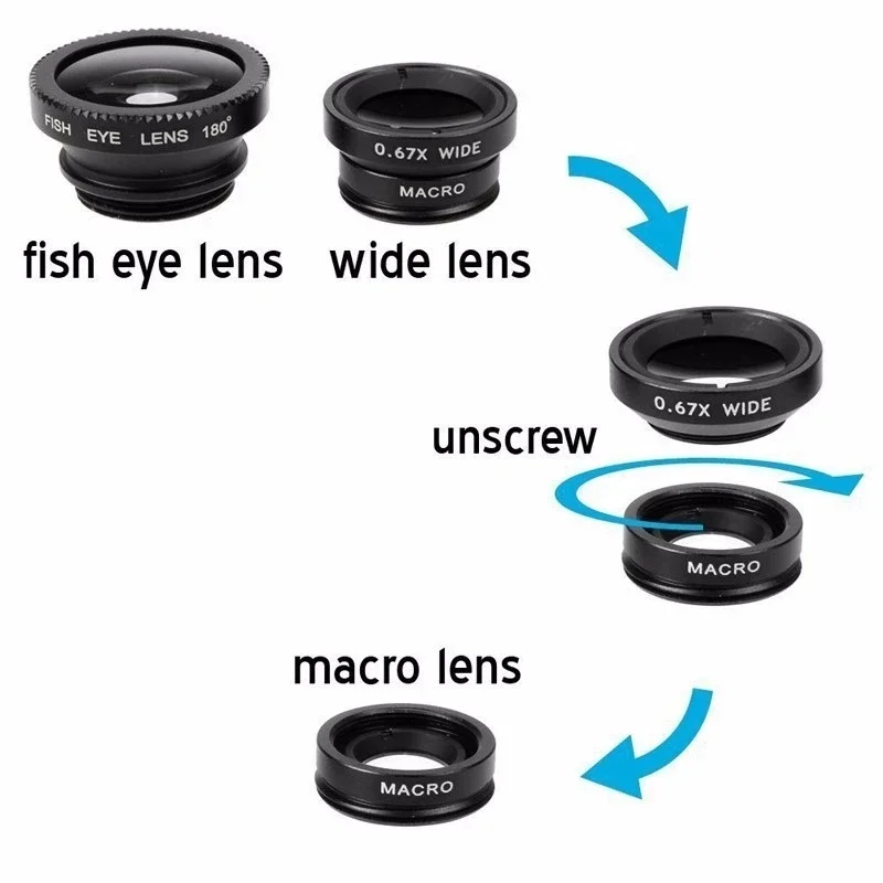 Lente de cámara Micro gran angular ojo de pez 3 en 1 para iPhone Xiaomi Redmi lente de ojo de pez con Zoom 3 en 1 para teléfonos inteligentes con Clip para teléfono
