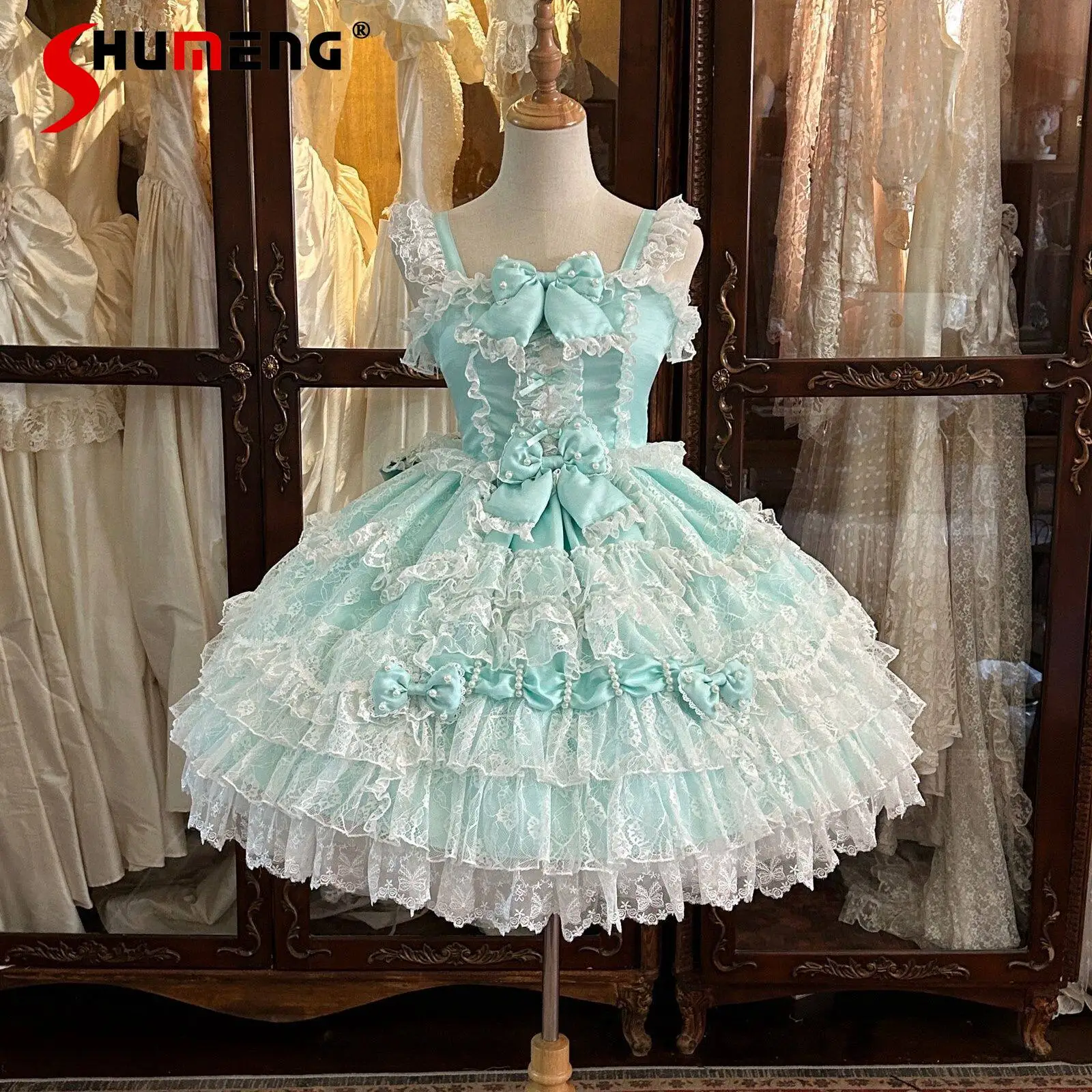 

Lolita Dress for Women Clothes Spring Summer New Sweet Elegant Girl's Cute Bow Lace Trim Birthday Dress Princess Style Dress