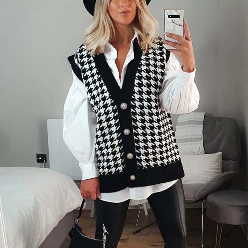 Wool Vest Cardigans Woman Autumn Winter Houndstooth Casual Black Sleeveless Sweater Women Loose Knitted Fashion Jumper Vest