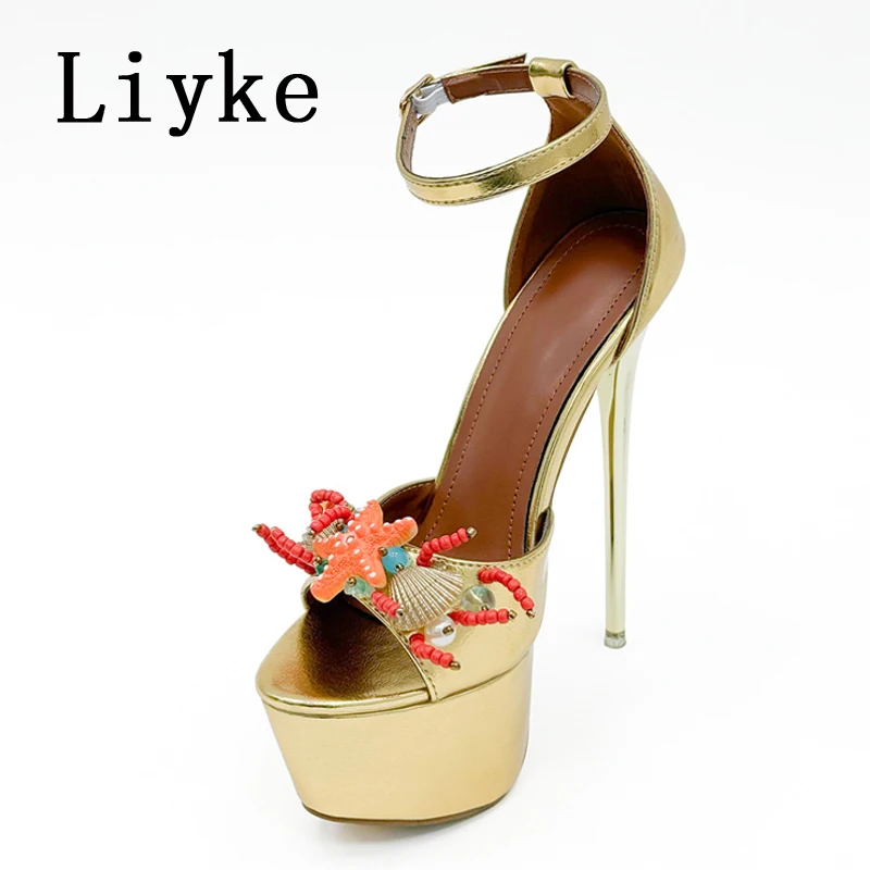 

Сексуальные туфли Liyke в стиле Runway на экстремально высоком каблуке 16 см для вечеринок и выпускных, модные женские босоножки на платформе с жемчугом, ракушками и морскими звездами, с открытым носком