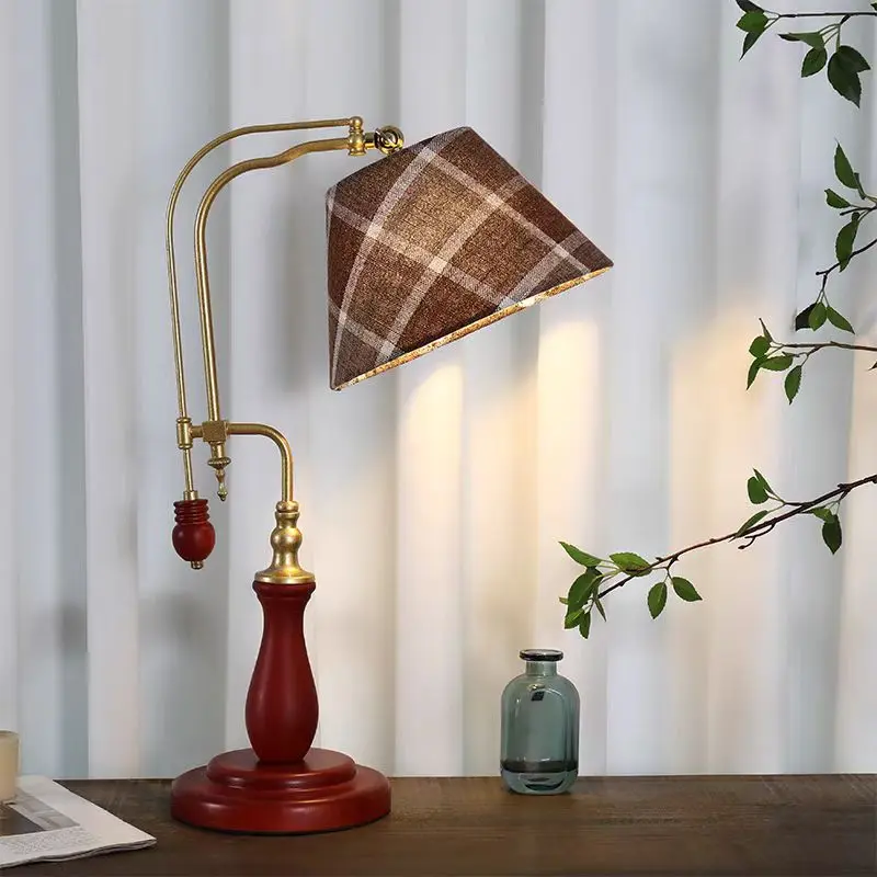 

American Retro Vintage British Grille Table Lamp LED Solid Wood Adjustable Decorative Desk Lights Bedroom Bedside Coffee Sofa