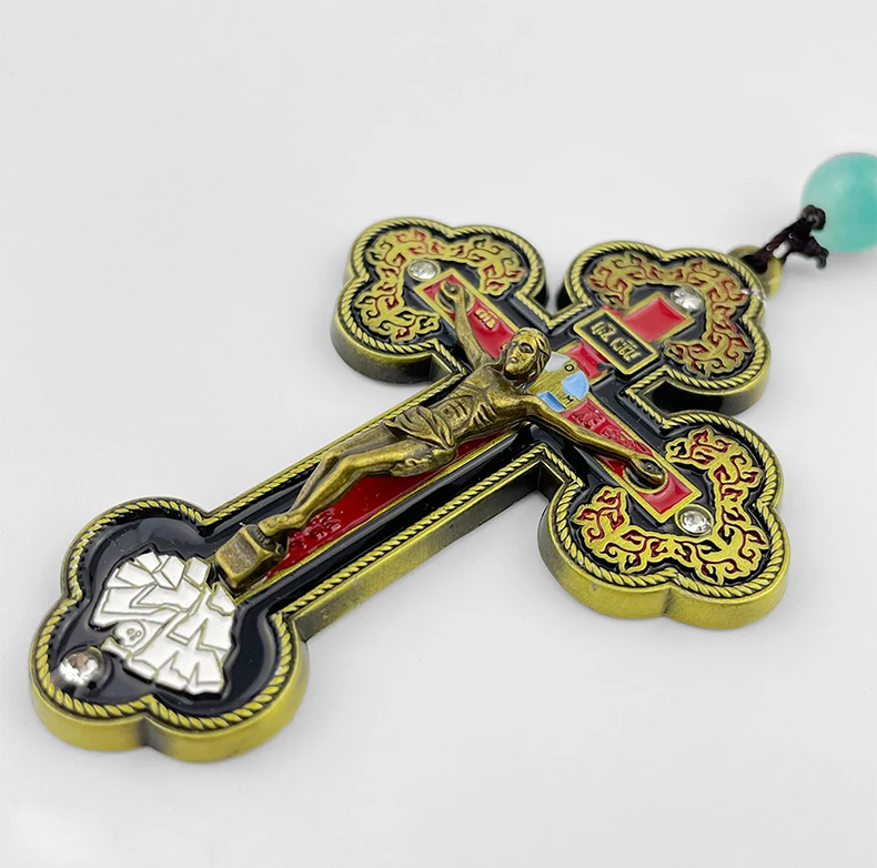 HTISOK Orthodoxes Kruzifix Goldkreuz-Halskette Holz-Rosenkranz Perlenkette Religiöser Jesus-Gebetsschmuck Religiöse Dekoration & Geschenk – Detail 4
