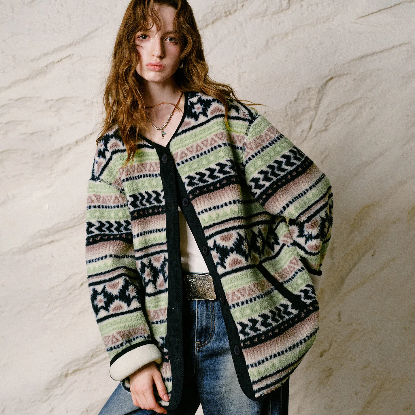TOYOUTH Women Jacket 2026 Winter New Fair Isle Sherpa Loose Drop Shoulder Warm Coat