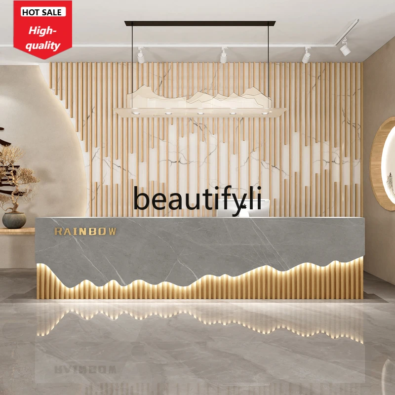 

Modern beauty salon checkout page gym, company front desk hotel, reception, stainless steel counter