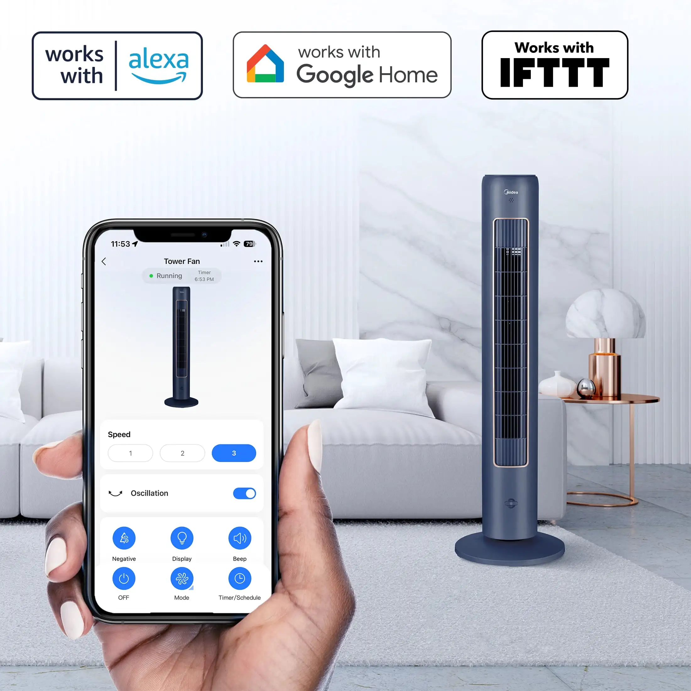 Ventilador de Torre inteligente de 3 velocidades, 42 "de alto, con Wi-Fi, nuevo, azul