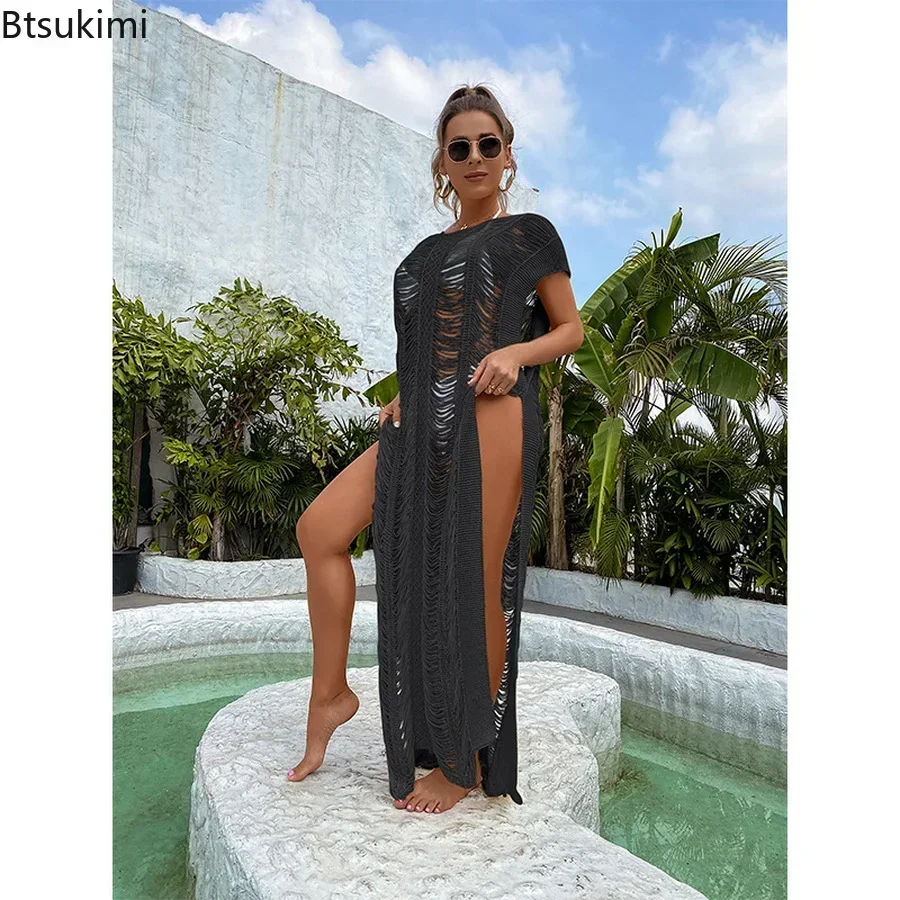 2024 Bikini blanco de verano para mujer, Kimono Sexy de encaje, vestido largo bohemio para playa, caftán holgado transparente, traje de baño tipo