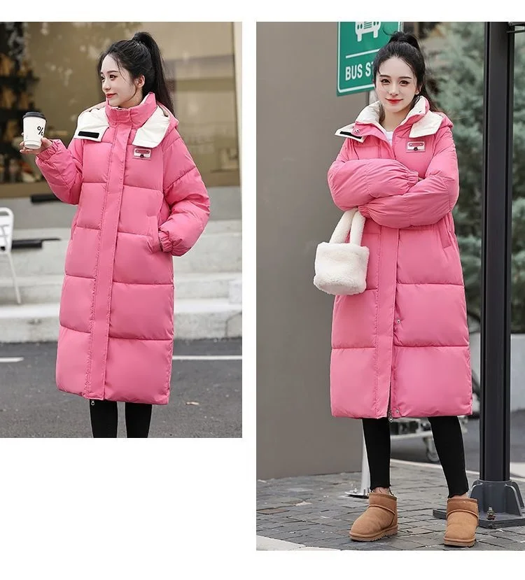 Long Hooded Puffer Coat Women Contrast Collar Warm Quilted Parka Zip‑Up Loose Windproof Winter Outerwear Ladies Padded Jacket