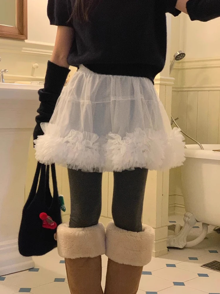 Gagarich Koreanische Frauen Chic Frühling Süße Temperament Hohe Taille Vielseitig Solide Spleißen Mesh Spitze Flauschigen Halb Kurzen Rock