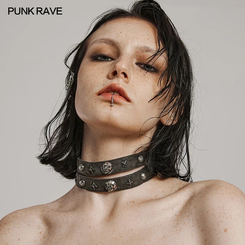 PUNK RAVE Women\'s Punk Woven Fabric Rivet Choker Two Loops Club Personalized Necklace Fashion Accessories 2 Colors