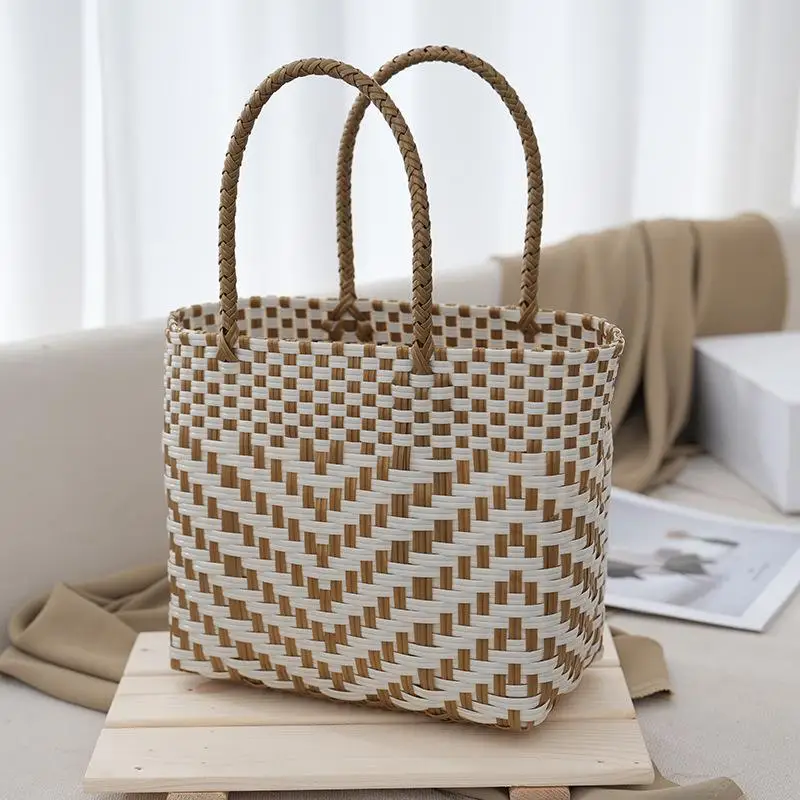 Fashion Women's Large Capacity Basket Top Handle Bags Summer PE Straw Woven Handbags Female Beach Bags Casual Shopper Tote Bags