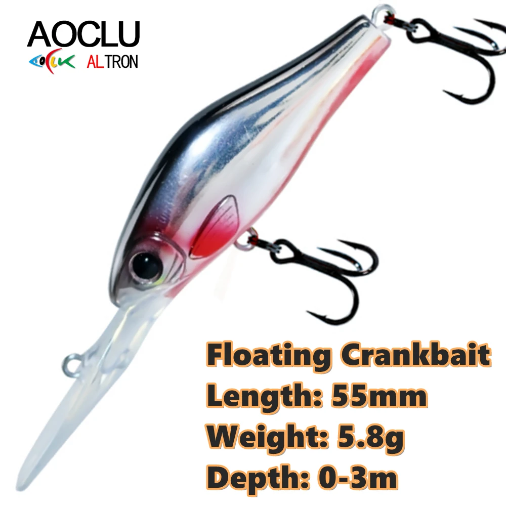 

AOCLU Floating Crankbait Minnow 55mm 5.8g Hard Bait Crank Deep Diver Depth 0-3m Fishing Lure Long Casting Hook Tackle Quality