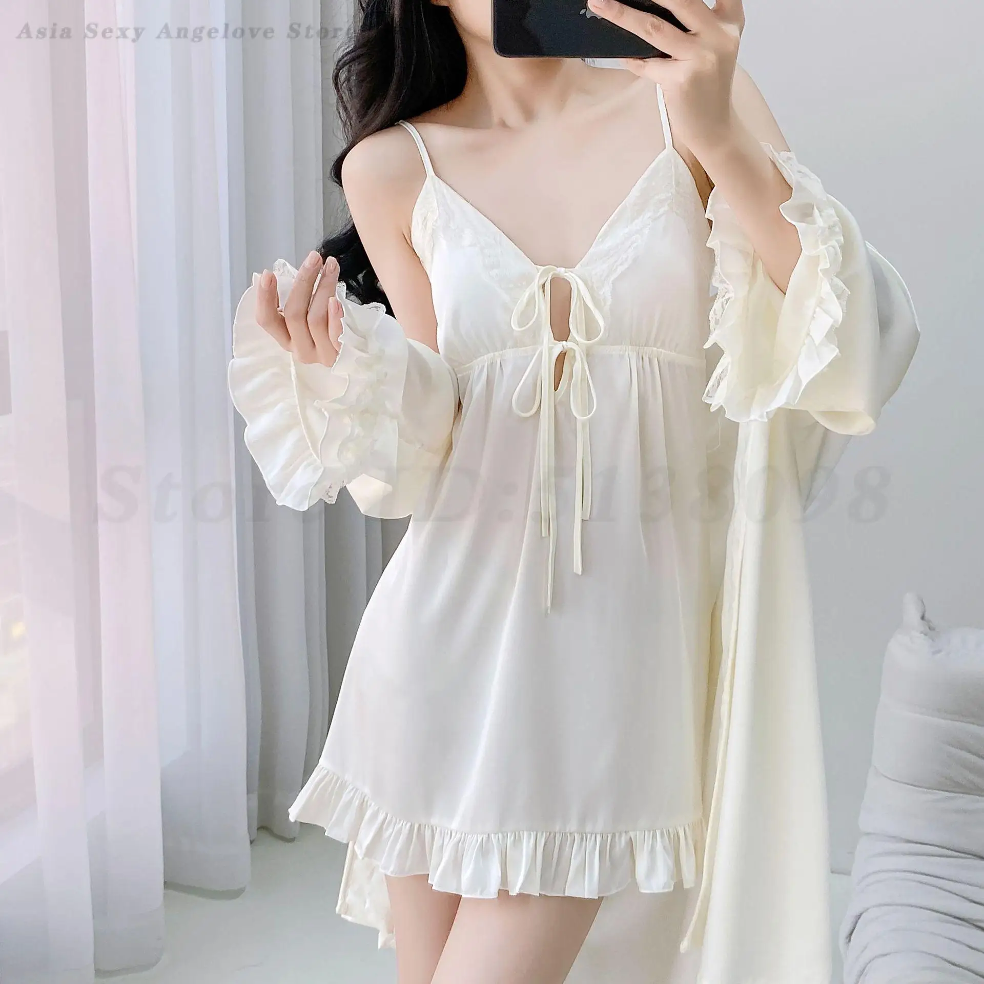 White Bridal Morning Robe Nightgown 2025 Summer New Twinset Robe Set Women's Sexy Bathrobe Kimono Gown Casual Sleepwear Homewear