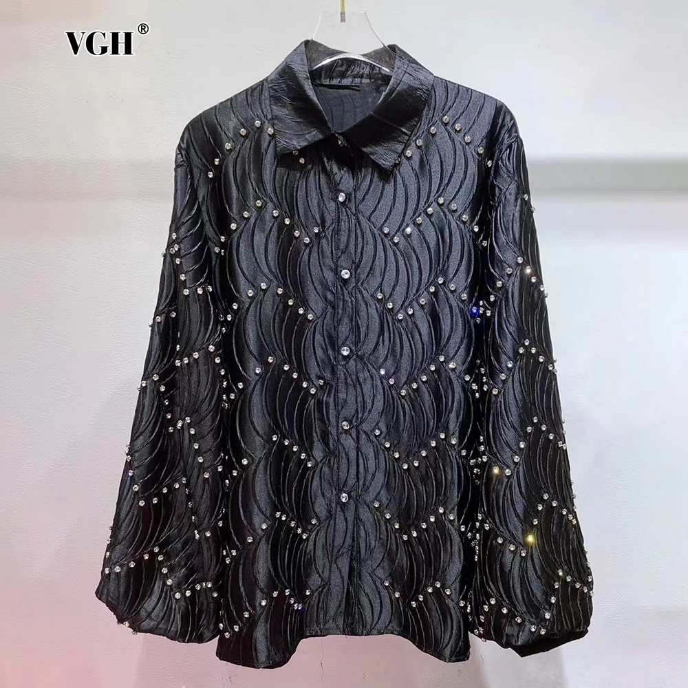 VGH Casual Fashion Spliced Diamonds Loose Blouses for Women Lapel Long Sleeve Patchwork Single Breasted Elegant Shirt Female New