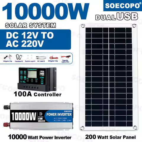 10000W Solar System Complete Kit 12V To 220V 100A Controller 200W Panel Off-Grid Inverter for Home/Camping Backup Balcony power
