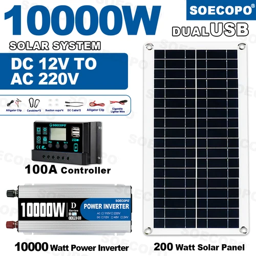 Kit completo de sistema Solar de 10000W, controlador de 12V a 220V, 100A, Panel de 200W, sistema inversor fuera de la red para batería de respaldo para el hogar/Camping