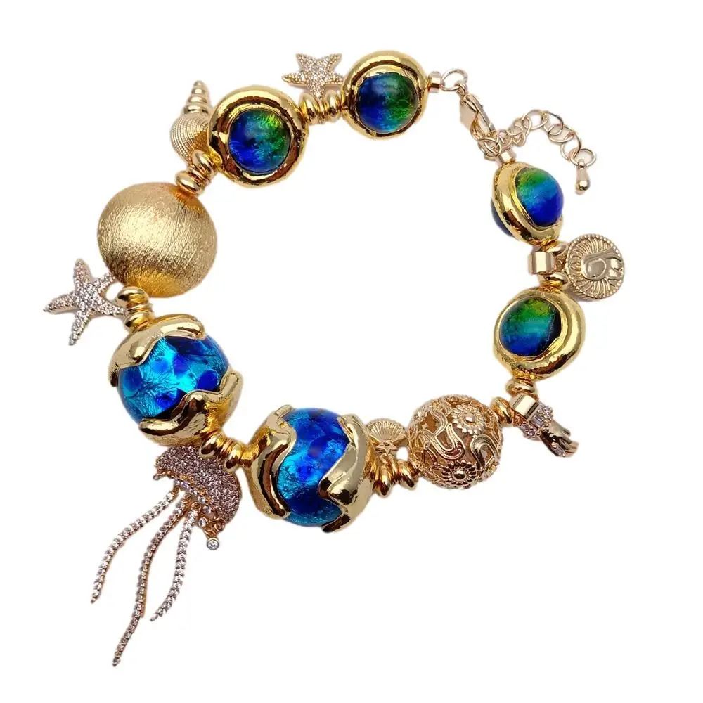 Y.YING Blue Murano Glass Gold Plated Cz Pave Jelly Fish Charm Bracelet Women Jewelry