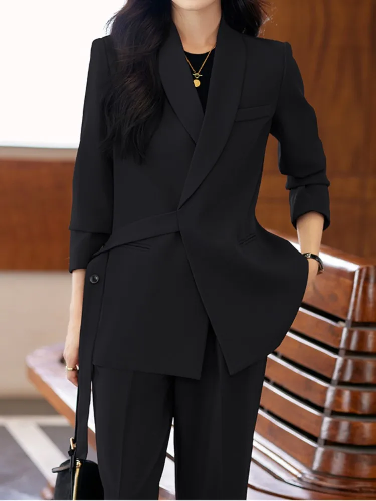 Office Lady Solid Blazer Pantsuits Women Casual Formal Sashes Jackets Coat High Waist Wide Leg Pants Two Pieces Female Outfits