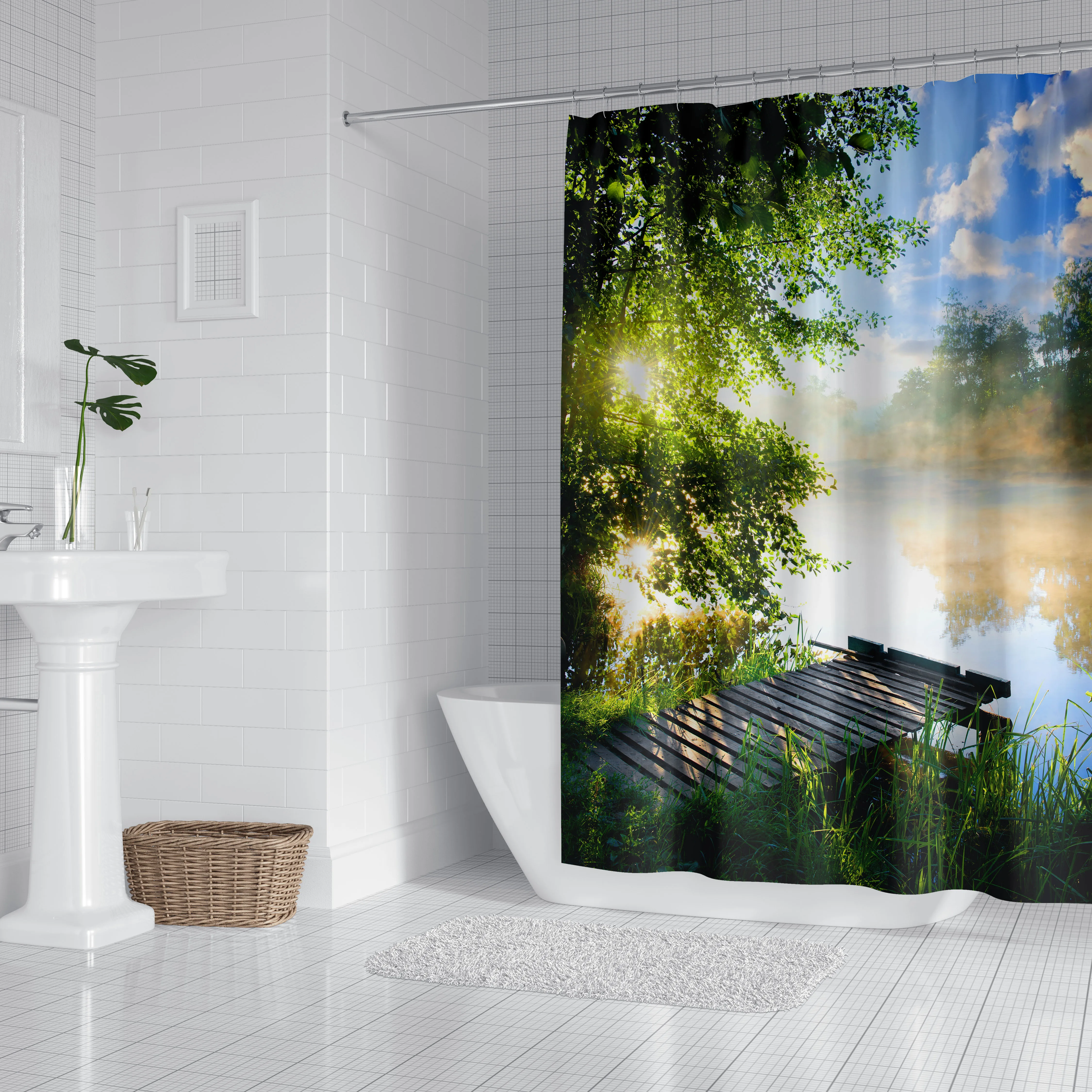 1pc Lake Sunshine Shower Curtain Bathroom Partition Decorative Curtain Machine Washable Green Plant Print Window Privacy Curtain