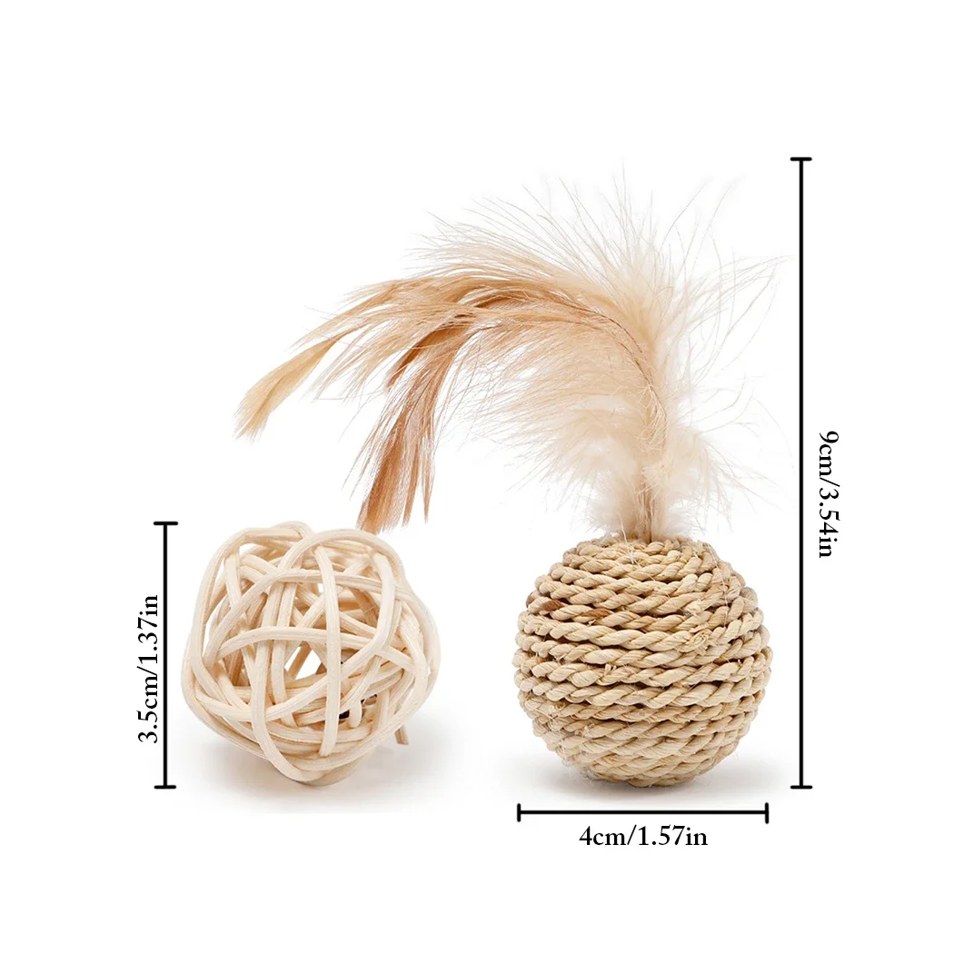 Pet rattan bola com pena falsa, brinquedo interativo para gato e gatinho, 2pcs