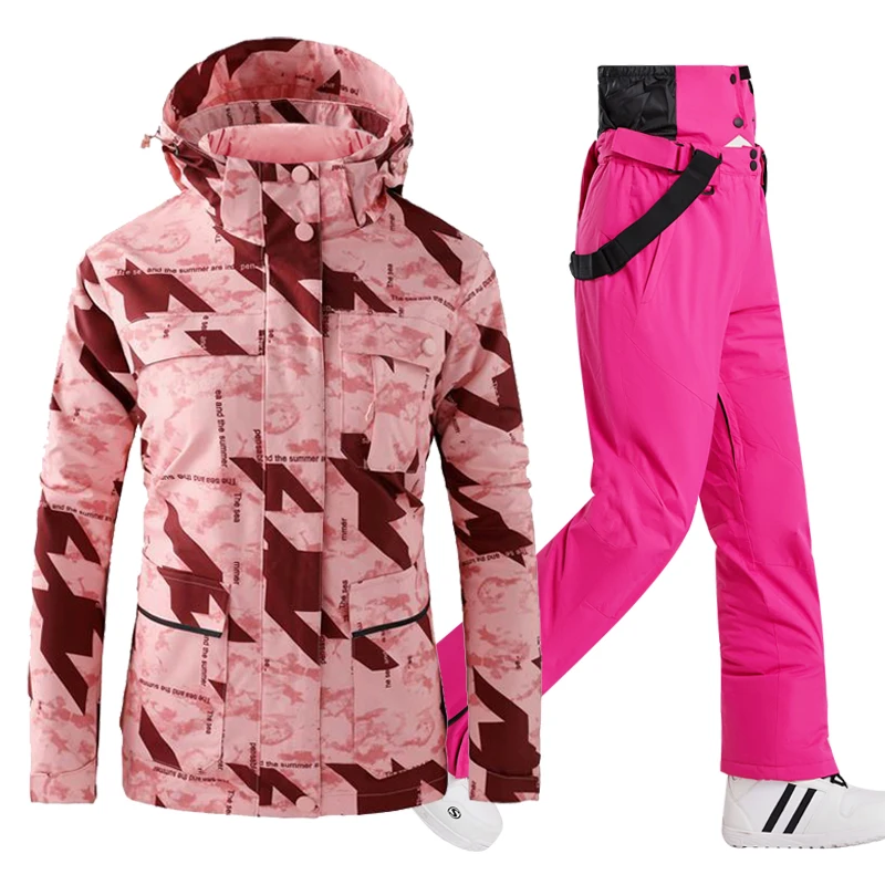 Schneejacke Damen Schneeanzug Sets Wasserdicht Winter Outdoor Wear Snowboard Kleidung Skikostüm Daunenjacken + Trägerhose Mädchen