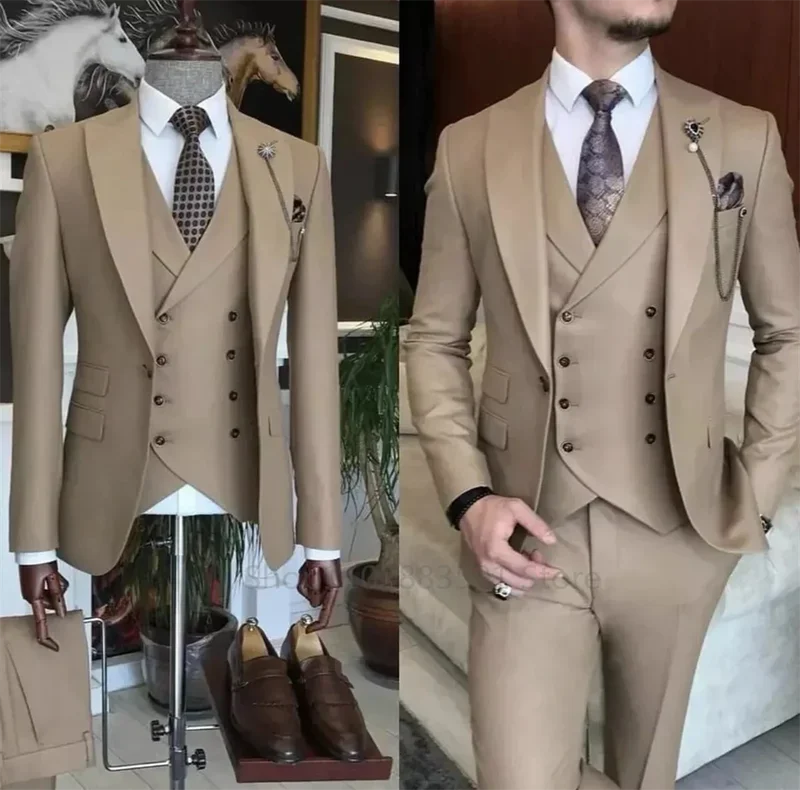 3 Pieces New Business Khaki Formal Men\'s Slim Fit Suits Wedding Groom Prom Terno Masculino Blazer Jacket Vest Pant Sets