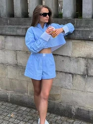 Striped Women Elegant Blue Loose Two Piece Set 2023 Summer Fashion Ladies Casual Boho Shorts Set Streetwear Girls Chic Outfits