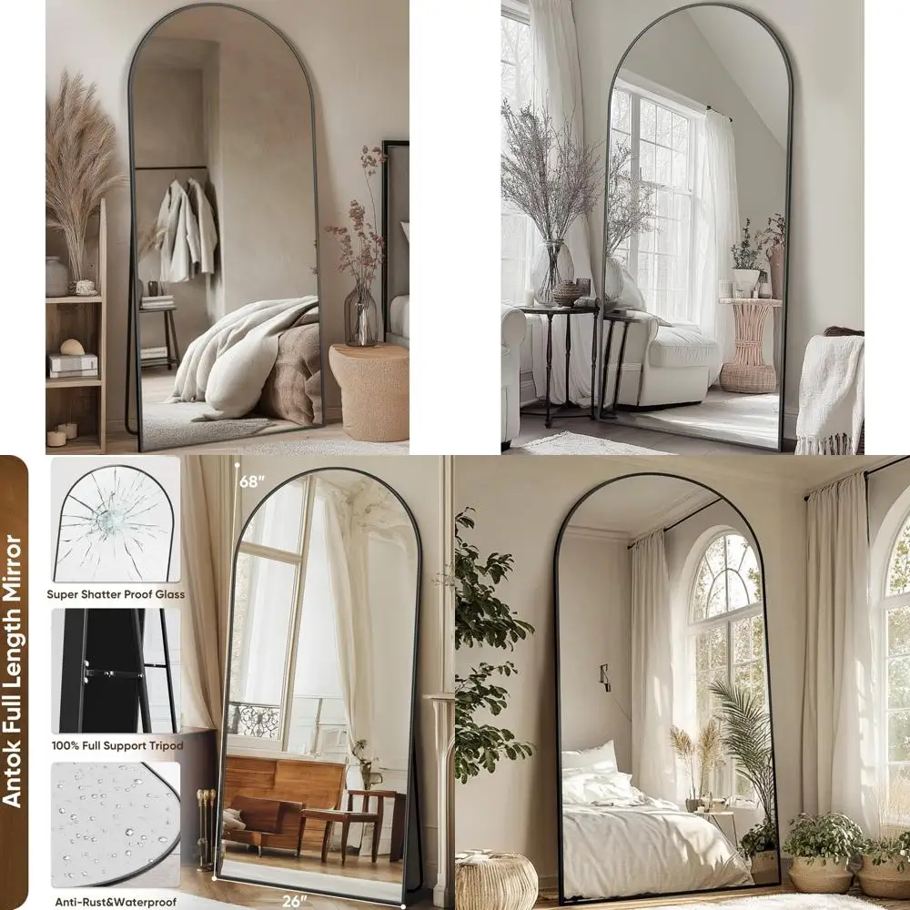 Übergroßer Bodenspiegel, 26 x 68 Bogenstil für Schlafzimmer, Wohnzimmer und Garderobe, schwarzer Rahmen, durchgehender Ständer