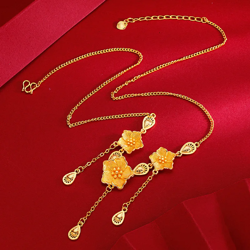 

Fashion 14 K Gold Color Three Flower Tassels Pendant Necklace for Women Bride Girl Fine Jewelry Birthday Wedding O Chain Gifts