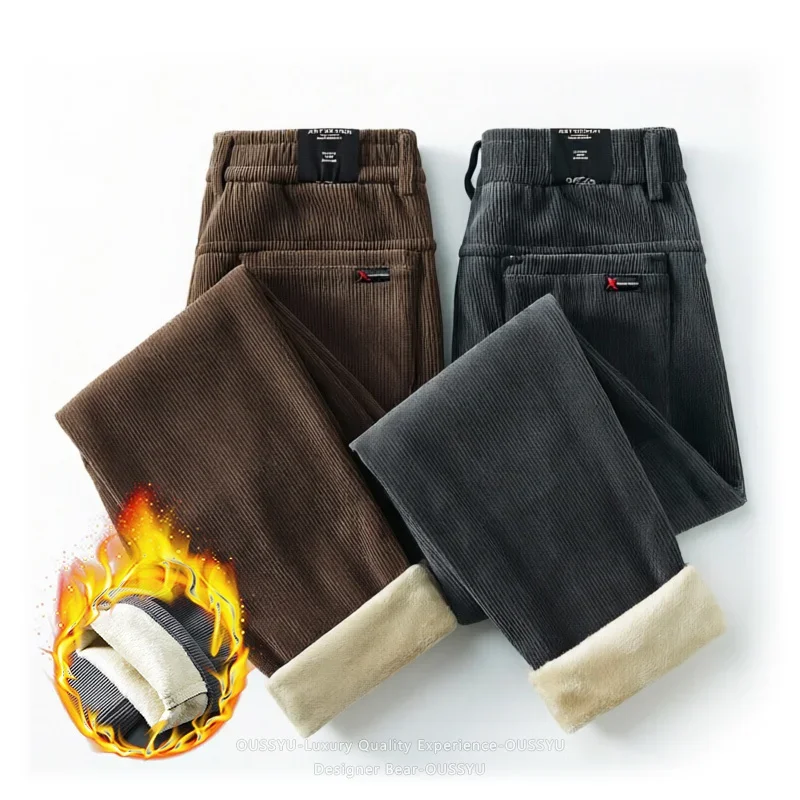 Brand Clothing Winter Fleece Warm Men's Corduroy Pants Outdoors Thicked Flocking Plush Brown Black Korean Casual Trousers Male