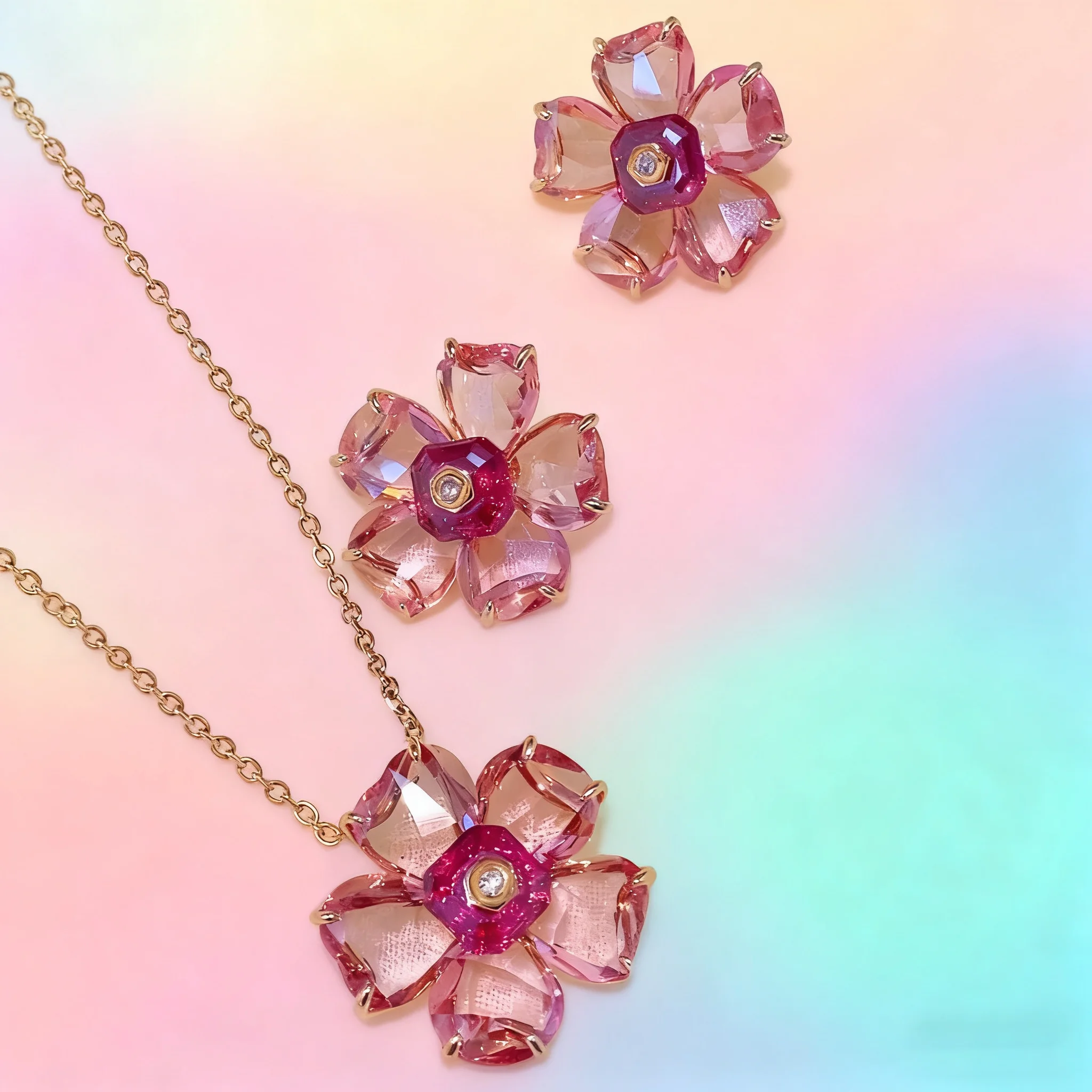 

Оригинальные комплекты ювелирных украшений 2025 года, очаровательные роскошные розово-желтые цветы с кристаллами, модные ожерелья, серьги для женщин, романтический подарок на вечеринку