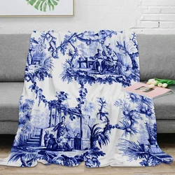 Ancient China Blue Willow Blanket Blue Chinoiserie Toile Throw Blankets Warm Microfiber Blanket Flannel Blankets for Couch Bed