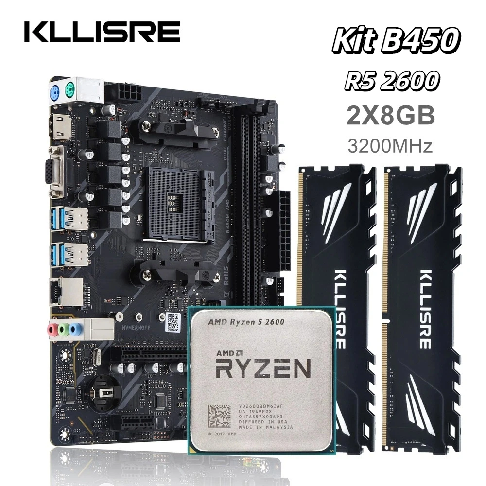 

Комплект Kllisre B450, материнская плата AMD Ryzen 5 R5 2600, процессор DDR4, 16 ГБ (2 × 8 ГБ), 3200 МГц, настольная память