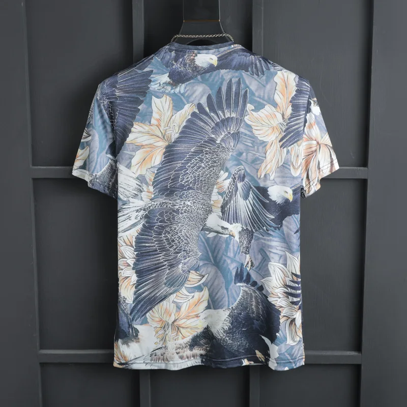 European and American men's wear summer 2022 new  Eagle print with short sleeves and round collar  Fashion ice silk T-shirt