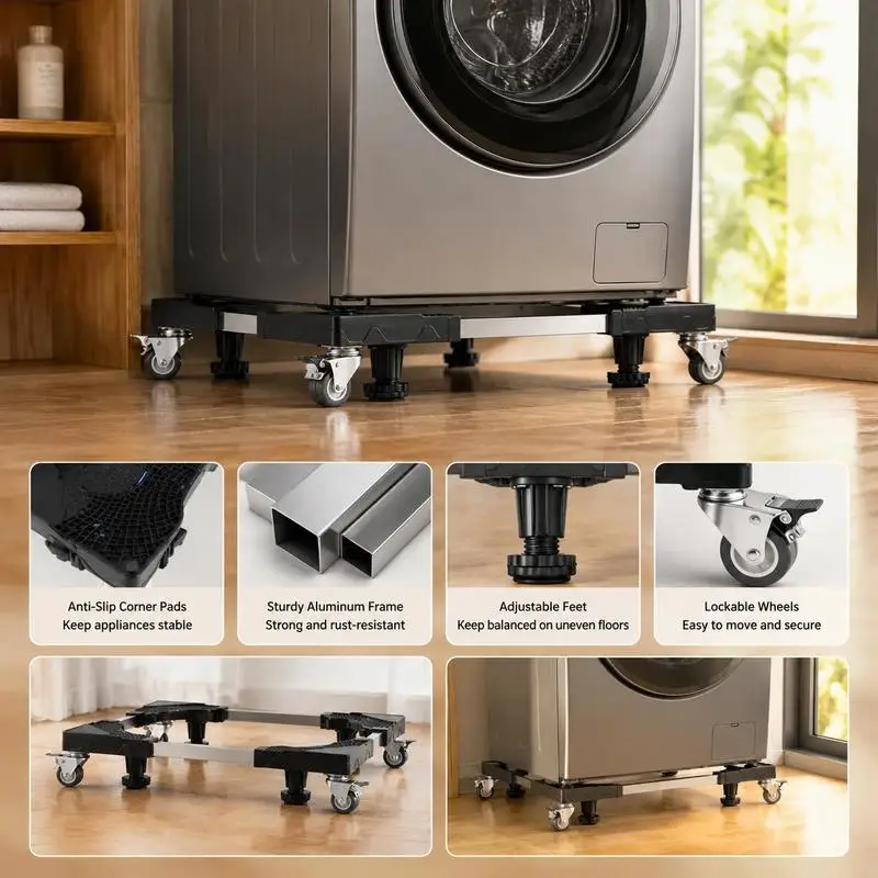 

Refrigerator Moving Roller 27.5-35.4 Inches for Laundry Room Kitchen Utility Space 1100 Lbs Heavy Duty Support 8 Locking Twin Wheels 4 Brakes Adjustable Furniture Dolly Washer Dryer Base Adjustable Stand
