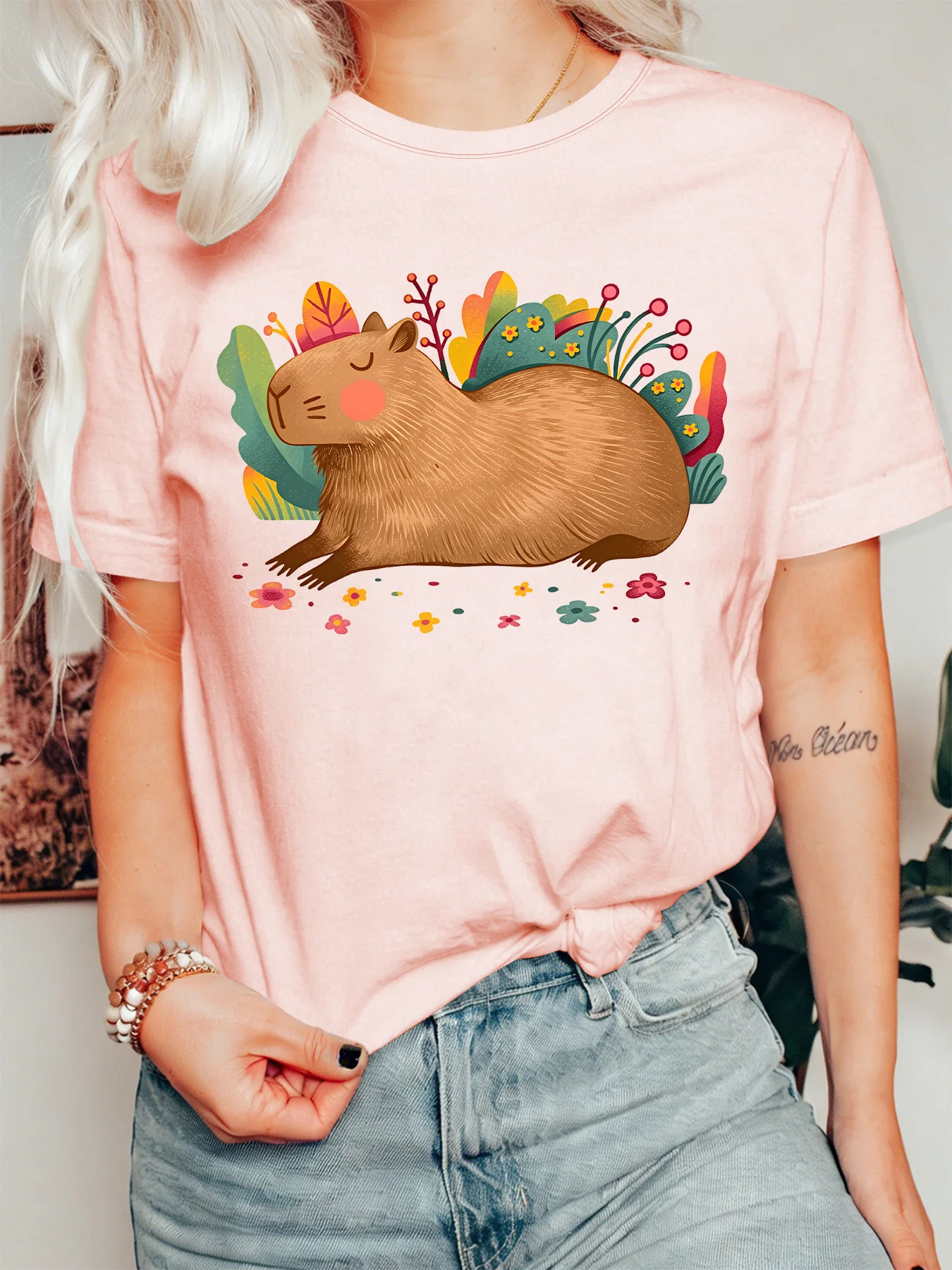 Cute Sleeping Capybara Womens T Shirt Vibrant Floral Botanical Nature Animal Graphic Tee Short Sleeve Casual Daily Ladies Tops