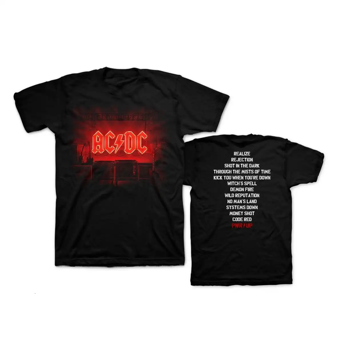 

AC/DC PWR/UP Album Tracklist Black T-Shirt: Black Base with Band Logo, Stage Equipment Visual & Full PWR/UP Tracklist Design